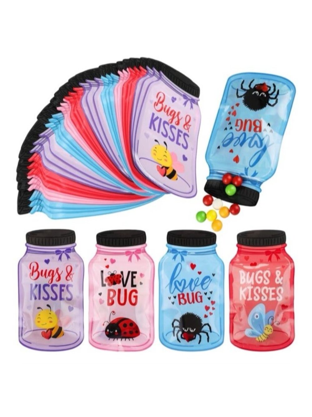 48pc Valentine's Day Mason Jar Gift Bags - Bugs & Kisses Candy Pouches - NEW